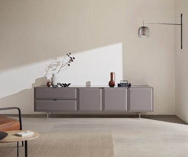 DELIFE Tv-meubel Marellia 220 cm Grijs 3 deuren 2 laden Gehoekte basis roestvrij staal