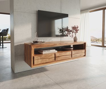 DELIFE Tv-meubel Live-Edge 146 cm natuur acacia 3 laden 1 vak zwevend