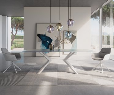 DELIFE Eettafel Edge Boot 240x120 Reliefglas Perlmutt 3D-Design Zenthara kantig metaal wit