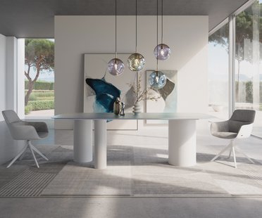 DELIFE Eettafel Edge Boot 240x120 Reliefglas Perlmutt 3D-Design Troa metaal wit