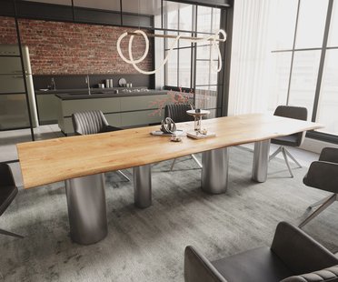 DELIFE Eettafel Edge 300x100x4 eiken natuur Pilier RVS geborsteld Live-Edge