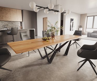 DELIFE Eettafel Edge 300x100x4 eiken natuur Spider vlak staal zwart Live-Edge