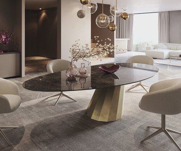 DELIFE Eettafel Edge Oval 280x130 keramiek  Laminam® Emperador Extra Lucidato donkerbruin Parabel metaal goud