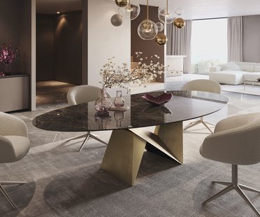 DELIFE Eettafel Edge Oval 280x130 keramiek  Laminam® Emperador Extra Lucidato donkerbruin Origami metaal goud