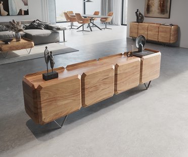 DELIFE Lowboard Kiano 220 cm Acacia Natuur 4 Deuren V-voet Edelstaal Roomdivider