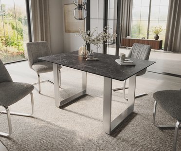 DELIFE Eettafel Edge 140x90 keramiek Laminam®Nero Greco antraciet roestvrij staal smal