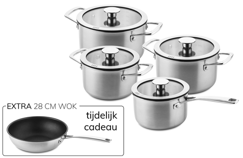 DUCQ downdraft pannenset voor inductie 4 delig (3-laags) + gratis wok