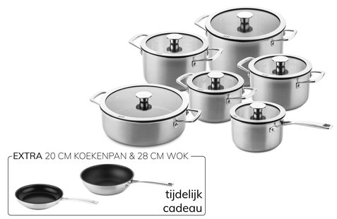 DUCQ downdraft pannenset voor inductie 6 delig (3-laags) + gratis wok en koekenpan