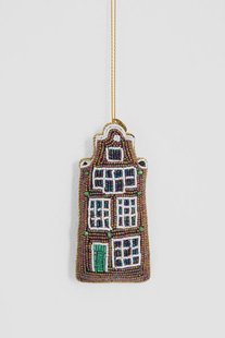 Kerst ornament bruin huisje met kralen