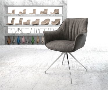 DELIFE Eetkamerstoel Keila-Flex met armleuning microvelours antraciet vintage kruisframe conisch roestvrij staal