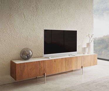 DELIFE TV-meubel Secara 220 cm acacia natuur 4 deuren marmeren poten roestvrij staal