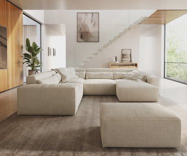 DELIFE Woonkamer landschap Sirpio 300x210 cm bouclee crème-wit recamiere variabele met kruk