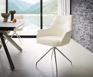 DELIFE Draaistoel Alja-Flex met armleuning bouclé wit kruisframe conisch roestvrij staal 180° draaibaar pocketveer kern