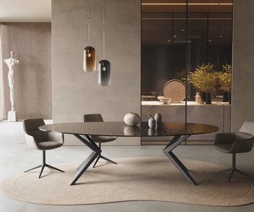 DELIFE Eetkamertafel Edge ovaal 280x130 reliëfglas Rauchzwart 3D-Design Zenthara hoekig metaal zwart