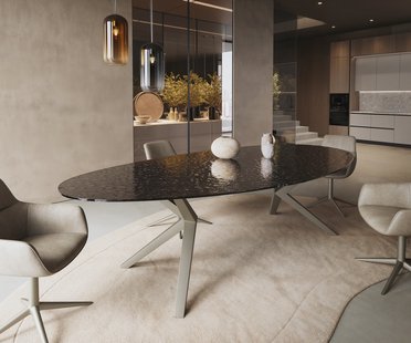 DELIFE Eetkamertafel Edge ovaal 280x130 reliëfglas Rauchzwart 3D-Design Zenthara hoekig metaal effectafwerking titaan