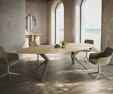 DELIFE Eetkamertafel Edge ovaal 280x130 keramiek Laminam® Sabbia eiken kleur Zenthara hoekig metaal effectafwerking titaan