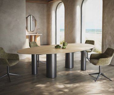 DELIFE Eetkamertafel Edge ovaal 280x130 keramiek Laminam® Sabbia eiken kleur Pilier roestvrij staal grafiet