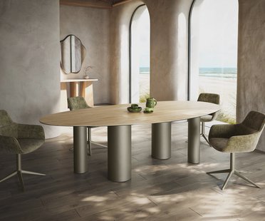 DELIFE Eetkamertafel Edge ovaal 280x130 keramiek Laminam® Sabbia eiken kleur Pilier metaal effectafwerking titaan