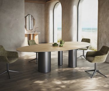 DELIFE Eetkamertafel Edge ovaal 280x130 keramiek Laminam® Sabbia eiken kleur Troa roestvrij staal grafiet