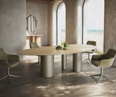 DELIFE Eetkamertafel Edge ovaal 280x130 keramiek Laminam® Sabbia eiken kleur Troa metaal effectafwerking titaan