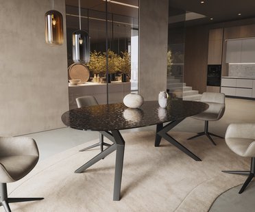 DELIFE Eetkamertafel Edge ovaal 220x120 reliëfglas Rauchzwart 3D-Design Zenthara hoekig metaal zwart