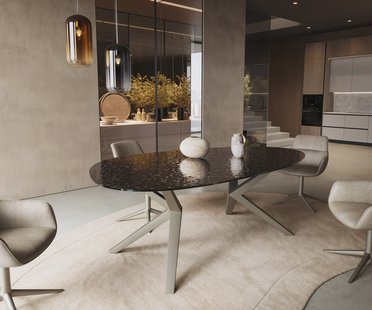 DELIFE Eetkamertafel Edge ovaal 220x120 reliëfglas Rauchzwart 3D-Design Zenthara hoekig metaal effectafwerking titaan