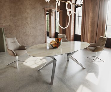 DELIFE Eetkamertafel Edge ovaal 220x120 keramiek Iris FMG Onice Oro Lucidato natuur? Zenthara hoekig roestvrij staal