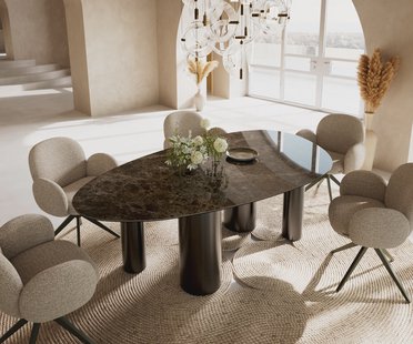 DELIFE Eetkamertafel Edge ovaal 220x120 keramiek Laminam®Emperador Extra Lucidato donkerbruin Pilier roestvrij staal grafiet