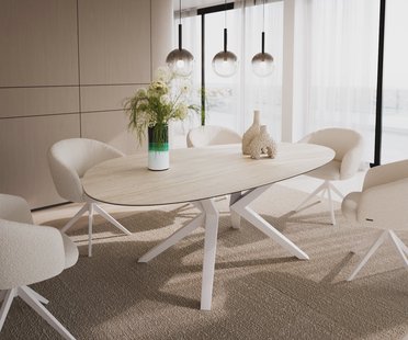 DELIFE Eetkamertafel Edge ovaal 220x120 keramiek Laminam®Travertino Bianco Creme-wit? Zenthara hoekig metaal wit