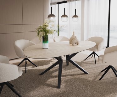 DELIFE Eetkamertafel Edge ovaal 220x120 keramiek Laminam®Travertino Bianco Creme-wit? Zenthara hoekig metaal zwart