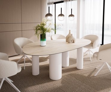 DELIFE Eetkamertafel Edge ovaal 220x120 keramiek Laminam®Travertino Bianco Creme-wit ?Pilier metaal wit