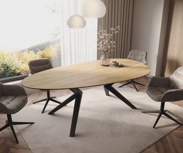 DELIFE Eetkamertafel Edge ovaal 220x120 keramiek Laminam® Sabbia eiken kleur Zenthara hoekig metaal zwart
