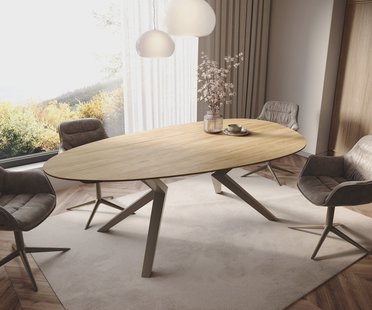DELIFE Eetkamertafel Edge ovaal 220x120 keramiek Laminam® Sabbia eiken kleur Zenthara hoekig metaal effectafwerking titaan