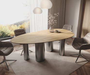DELIFE Eetkamertafel Edge ovaal 220x120 keramiek Laminam® Sabbia eiken kleur Pilier roestvrij staal grafiet