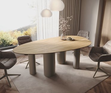 DELIFE Eetkamertafel Edge ovaal 220x120 keramiek Laminam® Sabbia eiken kleur Pilier metaal effectafwerking titaan