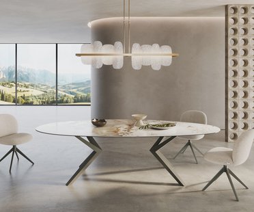 DELIFE Eetkamertafel Edge ovaal 280x130 keramiek Minas Melange wit-Beige Zenthara hoekig metaal effectafwerking titaan