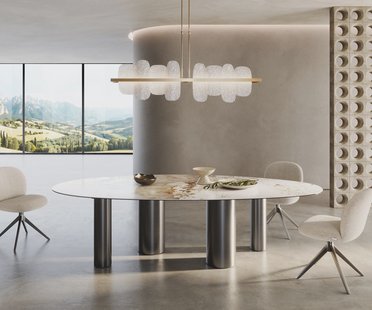 DELIFE Eetkamertafel Edge ovaal 280x130 keramiek Minas Melange wit-Beige Pilier roestvrij staal grafiet