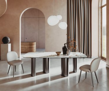 DELIFE Eetkamertafel Edge Boot 240x120 keramiek Calacatta Luxe wit-Gold-grijs Pilier roestvrij staal grafiet