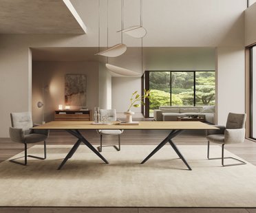 DELIFE Eetkamertafel Edge 300x100 keramiek Laminam® Sabbia eiken kleur Estelar rond  metaal zwart