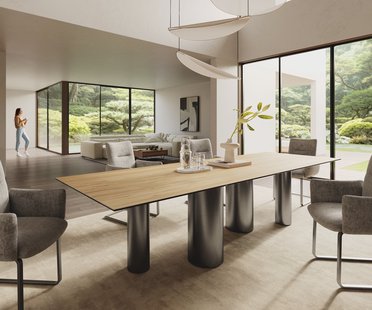 DELIFE Eetkamertafel Edge 300x100 keramiek Laminam® Sabbia eiken kleur Pilier roestvrij staal grafiet