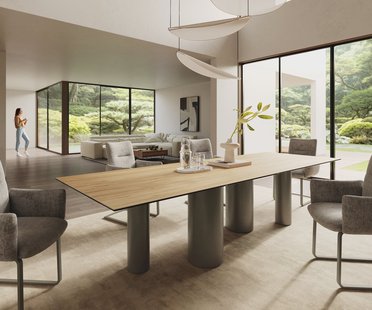 DELIFE Eetkamertafel Edge 300x100 keramiek Laminam® Sabbia eiken kleur Pilier metaal effectafwerking titaan