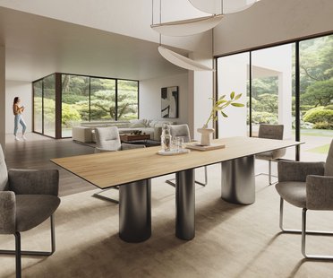 DELIFE Eetkamertafel Edge 300x100 keramiek Laminam® Sabbia eiken kleur Troa roestvrij staal grafiet