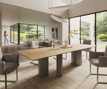 DELIFE Eetkamertafel Edge 300x100 keramiek Laminam® Sabbia eiken kleur Troa metaal effectafwerking titaan