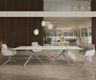 DELIFE Eetkamertafel Edge 300x100 keramiek Calacatta Luxe wit-Gold-grijs Estelar rond  roestvrij staal