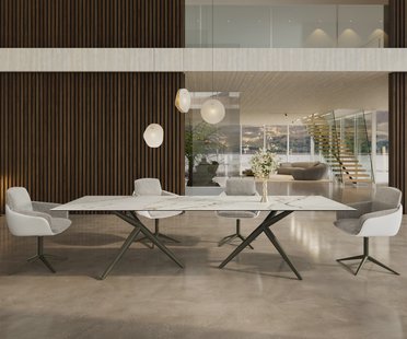 DELIFE Eetkamertafel Edge 300x100 keramiek Calacatta Luxe wit-Gold-grijs Estelar rond  metaal effectafwerking titaan