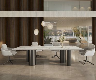 DELIFE Eetkamertafel Edge 300x100 keramiek Calacatta Luxe wit-Gold-grijs Pilier roestvrij staal grafiet