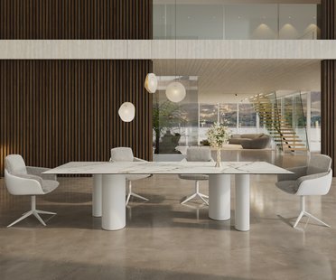 DELIFE Eetkamertafel Edge 300x100 keramiek Calacatta Luxe wit-Gold-grijs Pilier metaal wit