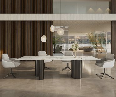 DELIFE Eetkamertafel Edge 300x100 keramiek Calacatta Luxe wit-Gold-grijs Troa roestvrij staal grafiet