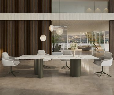 DELIFE Eetkamertafel Edge 300x100 keramiek Calacatta Luxe wit-Gold-grijs Troa metaal effectafwerking titaan