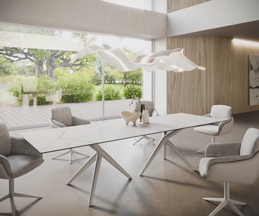 DELIFE Eetkamertafel Edge 300x100 keramiek Laminam®Statuarietto wit Estelar rond  metaal wit